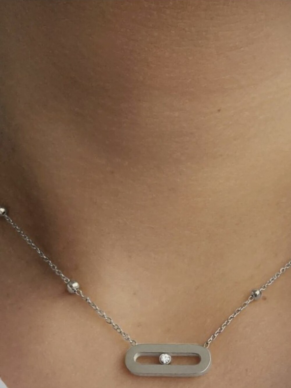 Minimalist Silver Oval Station Necklace with Crystal Accent